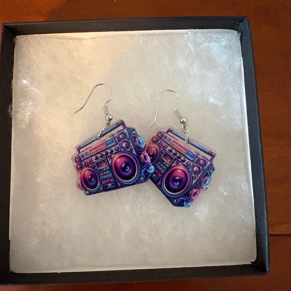 Retro Boombox Earrings Colorful 80s 90s Music Statement Dangle Cute Funky Y2K - Picture 2 of 4